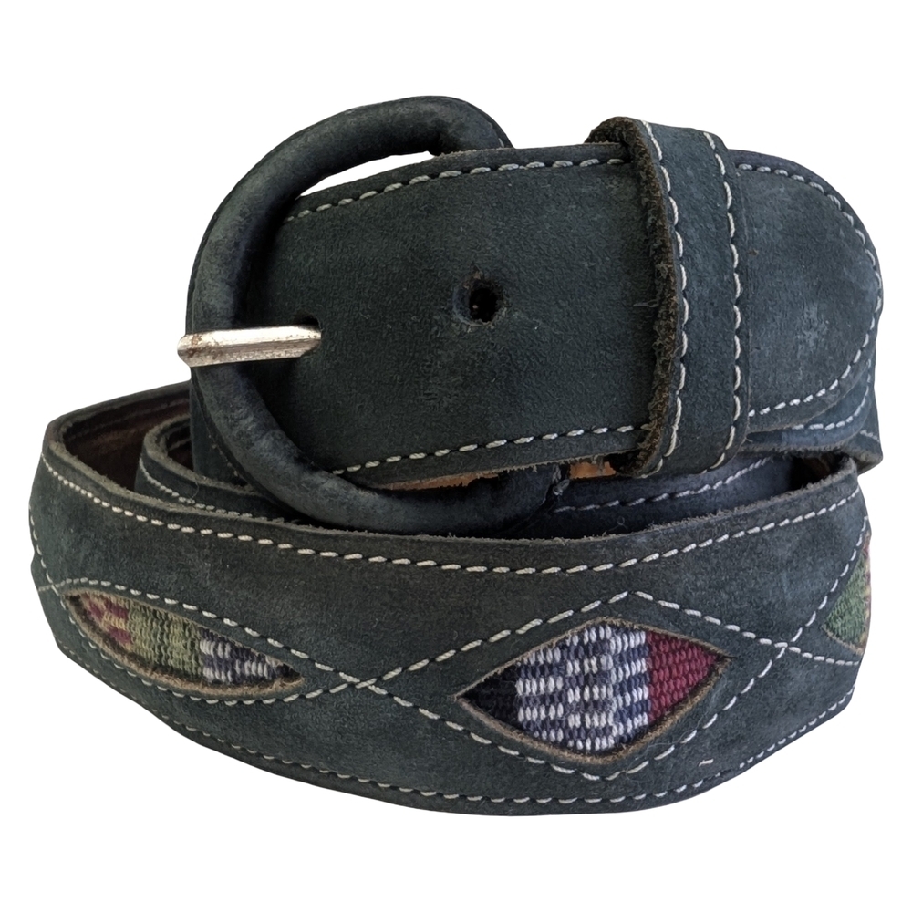 Vintage Green Leather Belt Woven Inlay Western Boho | Unisex 36"–39.5" Waist
